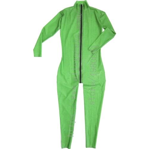 Semitransparent applegreen latex zentai catsuit womens latex bodysuit with black front zip to abdomen