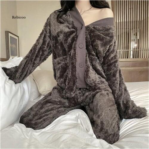 Winter Luxury Women Pajama Set Solid Fleece Pocket V Neck Button Long Sleeve Casual Sleepwear Homewear Pajama Set for Women