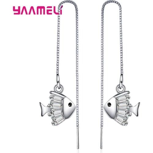 Fashion Exquisite 925 Sterling Silver Dangle Earrings For Women Girl Zircon Fish Ear Line Elegant Drop Earrings Female Jewelry