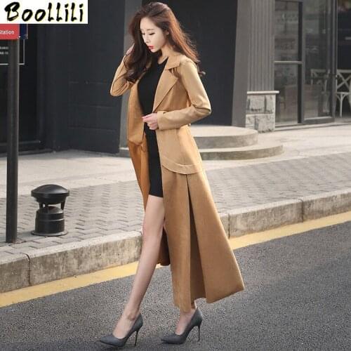 Boollili Khaki Trench Coat Para As Mulheres Slim Micro Suede Belt Coats Womens Autumn Windbreaker Tunique Longue Coat
