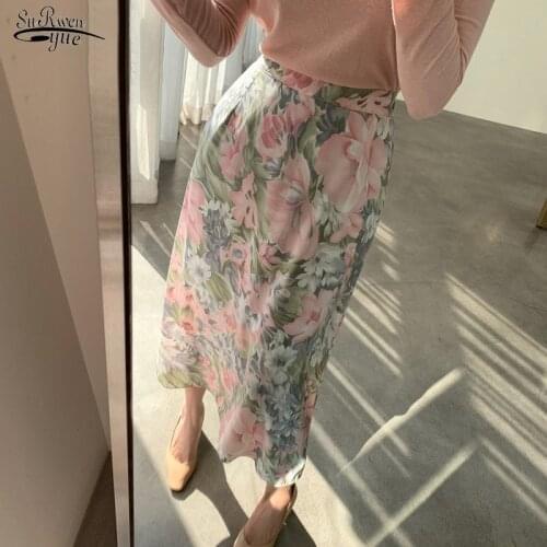 Vintage Long Skirts 2021 Autumn A-line Empire Midi Skirt Casual Elastic Waist Women Skirt Elegant Floral Print Jupe Femme 9943