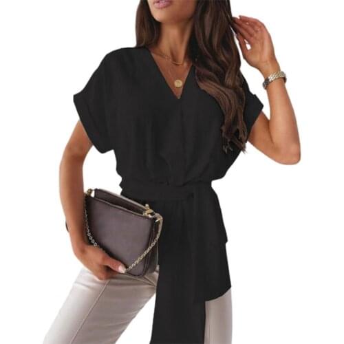 Summer Women T-shirt Solid Color Short Sleeve V Neck Bandage Loose Blouse for Work Summer Female Tops Black S-XL футболка 2021