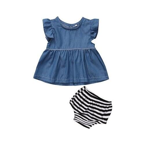 2017 Kids Baby Girls Denim Ruffles Sleeve Tops +Striped Shorts 2pcs Clothes Outfits 0-24M