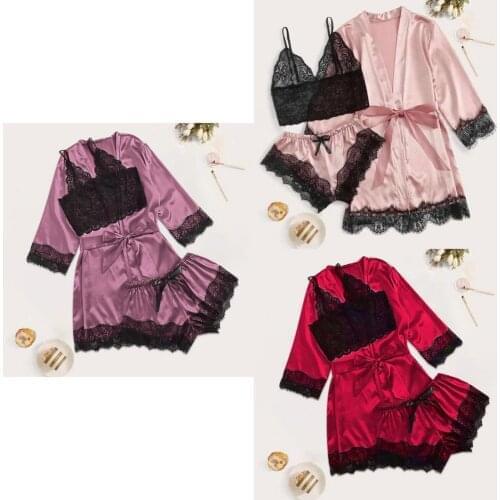 3PC Robe Sleep Suit Womens Lace Satin Pajamas Gown Set V-Neck Cami Nighties Wear Pijama Home Nightwear Spring Nightdress
