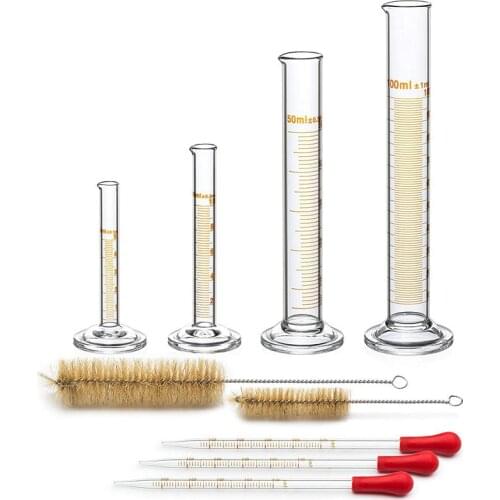 4 Measuring Cylinder - 5ml, 10ml, 50ml, 100ml - Premium Glass - Contains 2 Cleaning Brushes + 3 x 1ml Glass Pipettes