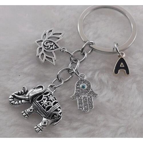 A-Z Letter Tribal Ethnic Keychain Unique Bohemian Gift Keychain Lotus Jewelry Hand Elephant Car Keychain Female