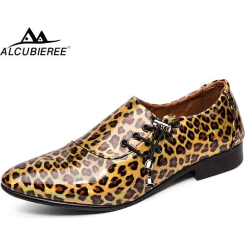 ALCUBIEREE Brand Elegant Loafers Men Fashion Leopard Dress Shoes Patent Leather Oxfords Mens Slip-on Party Shoes Wedding Shoes
