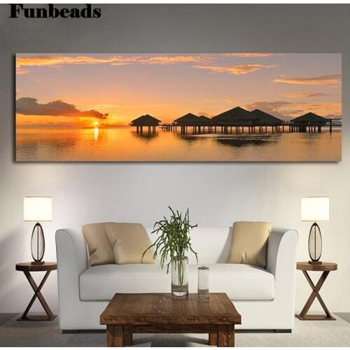 Large diamond embroidery cross stitch sea house Sunrise Natural Landscape diamond painting full square round drills paint FF934