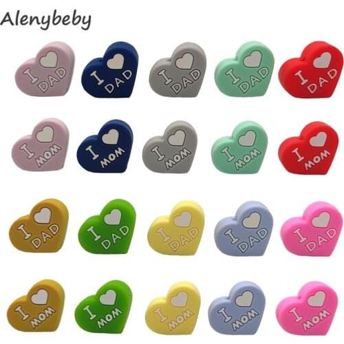 Food Grade Silicone I Love Mom And Dad Silicone Heart Teething Bead Baby Silicone Chewable Beads DIY Childrens Necklace Pendant