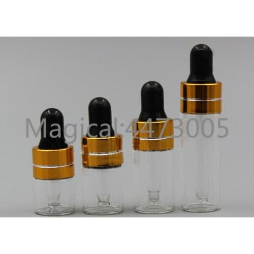 50/100/200pcs 1ml 2ml 3ml 5ml Perfume Essential Oil Bottles clear Glass Dropper Bottle Jars With Pipette gold ring black head
