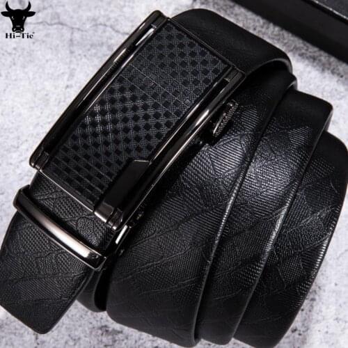 Famous Black Genuine Leather Mens Belts Automatic Buckles Ratchet Waist Straps Adjustable for Men High Quality Formal Business