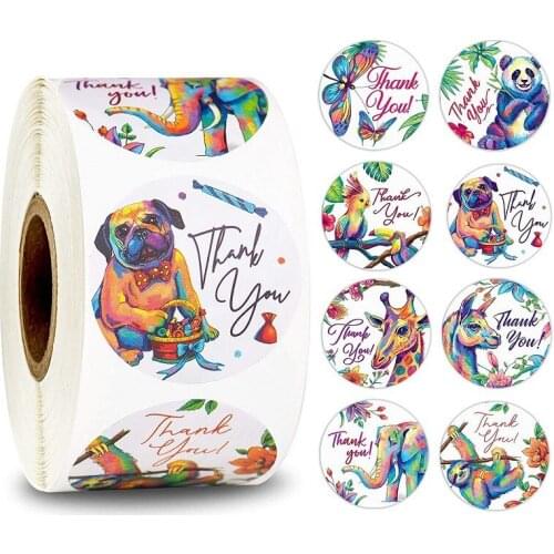 Patty 500pcs/roll Thank You Sticker Set Cute Animal Flower 25mm Circle Masking Tape for Gift Wrap Decoration Envelope Seal F050