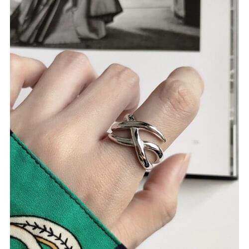 Hot Design Heavy Duty Crossover Weave Line Ring Creative Adjustable Openwork Free Size 925 Sterling Silver Jewelry Women Rings