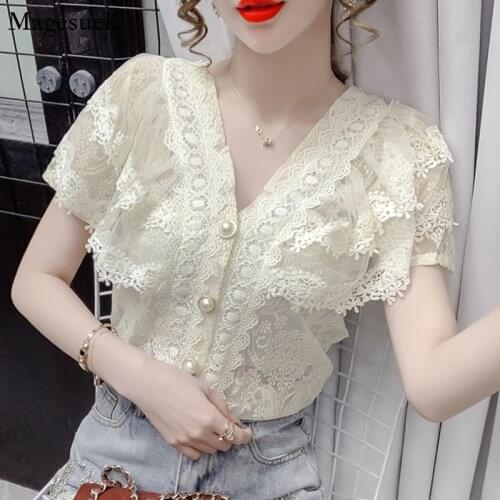 Sweet Lace Ruffle Stitching Blouse Women V-neck 2021 Summer New Short Sleeve Tops Crochet Mesh New Chiffon Shirt Blusas 14174