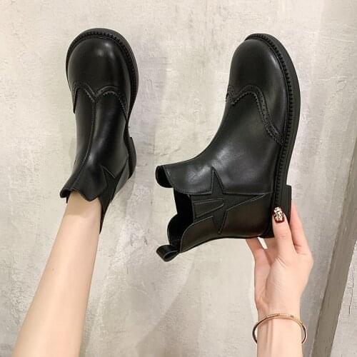 New Autumn Winter Boots Slip on Women Boots Shoes Woman Ankle Boots Solid Black Leather Square Low Heels Plaform Boots Plus Size