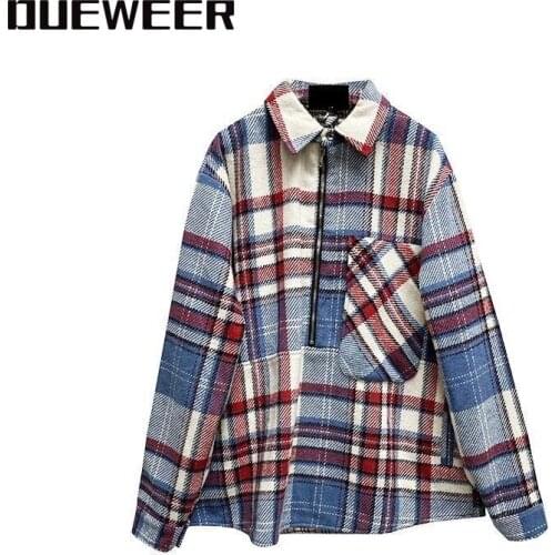 Dueweer Original Streetwear Sky Blue Plaid Woolen Shirts Harajuku Half Zipper Shirt Big Pocket Hedging Contrast Shirt Top Trend