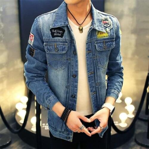 Autumn new fashion mens pocket square collar embroidery letters all-match jacket Slim Korean casual denim jacket