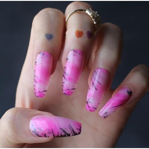 Pink graffiti line art fake nails Luxurious Coffin Black personality Ombre Curve long Ballet Acrylic nails