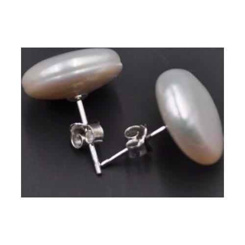 Free shipping pearl studs earring s925 13-14mm coin flat freshwater