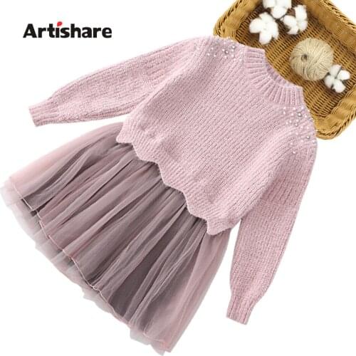 Big Girls Dress Patchwork Knitted Dress For Girl Autumn Winter Sweater Dress Kids Thcik Warm Costume For Girls
