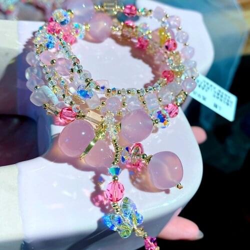 Explosive Pink Chalcedony Swarovski Crystal Sweet Bracelets for Women Girls Calabash Pendant Tassel Austrian Colored Jewelry