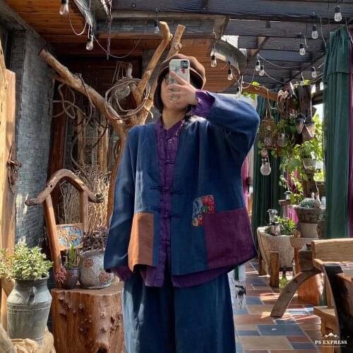 Women Spring Summer Vintage Washed Linen Jacket Ladies Patchwork Flax Coat Outerwear Female Loose Coat