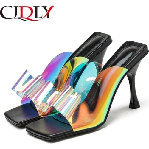 CJDLY New PVC Sandals Mules Women Slipper Summer Square Toe High Heel Ladies Sandal Brand Design Sexy Ladies Dress Slides Shoes