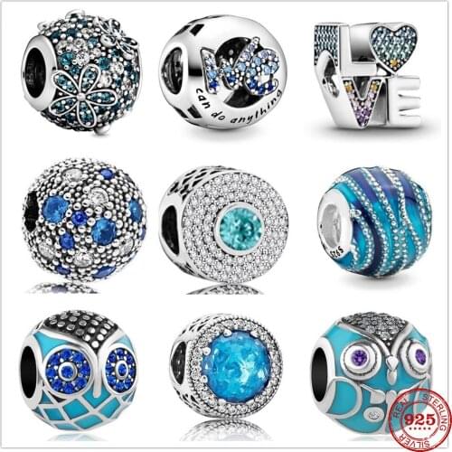 925 Sterling Silver Metal Beads Blue Wave LOVE Colorful Zirconia Dangle Charm Fit Original Pandora Charm Bracelet Jewelry Gift