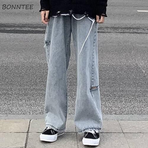 Vintage Jeans Women Harajuku Hole Design Chic BF High Waist Fashion Teens Streetwear All-match Spring Basic Preppy Girls Trouser