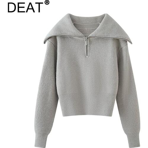 [DEAT] 2021 Autumn Winter New Fashion Tide Pullovers Turn-down Collar Long Sleeve Solid Color Knitting Sweater Women 13Z1801