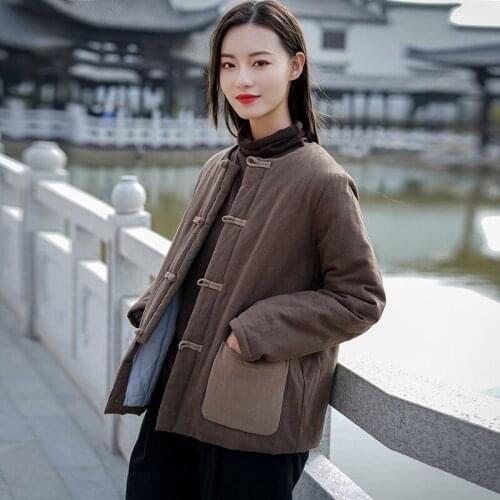 Women Autumn Winter Cotton Ramie Padded Coat Parkas Ladies Vintage Patchwork Coat Female 2020 Short Coat