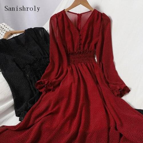 2021 Autumn V Neck Long Sleeve Wave Point Dress Women Elastic High Waist Bohemian Dress Female Large Hem Long Chiffon Dresses