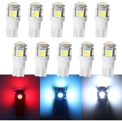 10PCS T10 W5W Bulbs Car LED Lights DC 12V 5050 5SMD White Blue Red Interior Clearance Dashboard Lamps