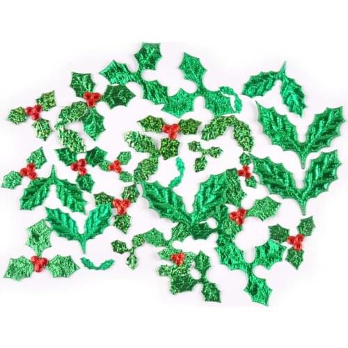 100Pcs Mix Green Three Leaves Red Fruits Berry Appliques Sticker Patches For Christmas Decoration Materials DIY Crafts 25-60mm