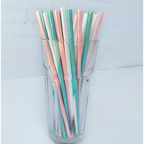 125pcs Iridescent Paper Straws Pastel Pink Aqua White Green Colors for Mermaid Party Unicorn Theme Shimmer Drinking Straws