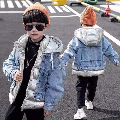 2019 Winter New Children Jacket Kids Plus Thickening Long Sleeve Hooded Warm Cowboy Loose Coat Boy Jeans Coat 4-14 Years