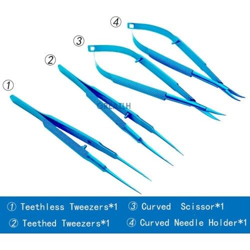 4pcs/kit Veterinary Ophthalmic Forcep Needle Holder Scissor Titanium Tweezer Eye Instrument Set with Silicone Tray Autoclavable