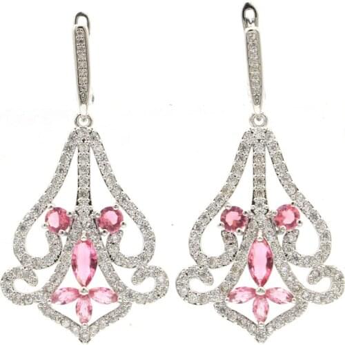 49x26mm Luxury Long Big Created 11g Pink Tourmaline White CZ Womans Party Silver Earrings