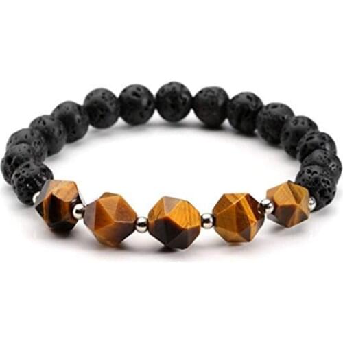 FYJS Unique Handmade Irregular Shape Section Tiger Eye Stone Elastic Bracelet Black Lava Stone Jewelry