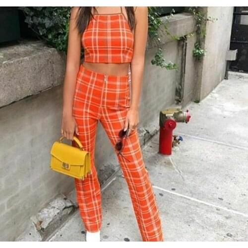 PLAID ORANGE HIGH WAIST PANT ZIP SLIM CUT STRAIGHT/CROP TOP/ TWO PIECE