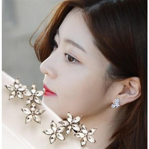 Korean jewelry small fresh flowers flowers quinqueleaf crystal chaton ear clip ear pierced ears no woman