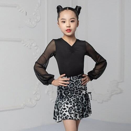 New Latin Dance Costumes Black Tops Leopard Skirt Long Sleeve Practice Suit For Girls Samba Cha Cha Clothes Kids Wear DNV14481