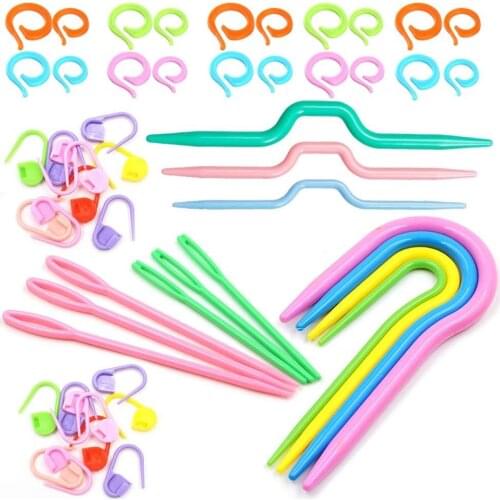 LMDZ 53 PCS Crochet Marker Kit with Large Eye Plastic Needles, Stitch Marker Ring, Crochet Clips, U Shape Needles, Plastic Bow