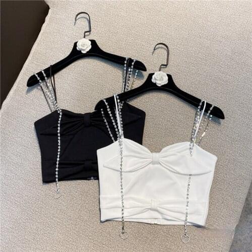 Multi-Shoulder Strap Rhinestone Chain Camisole Tank for Women Small Sexy Shirt Zipper Behind Slim Fit Crop Top White Black