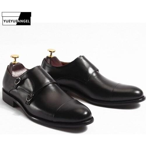 Italian Genuine Leather Men Monk Formal Shoes Brand Vintage Double Buckle Straps Business Dress Shoes Wedding Leather Shoes Male