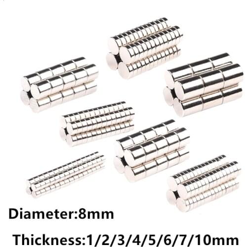 10PCS 8mm Diameter Neodymium Magnet 1/2/3/4/5/6/7/10 Mm Thick Rare Earth Strong Magnet N35 Permanent Neodymium Magnet