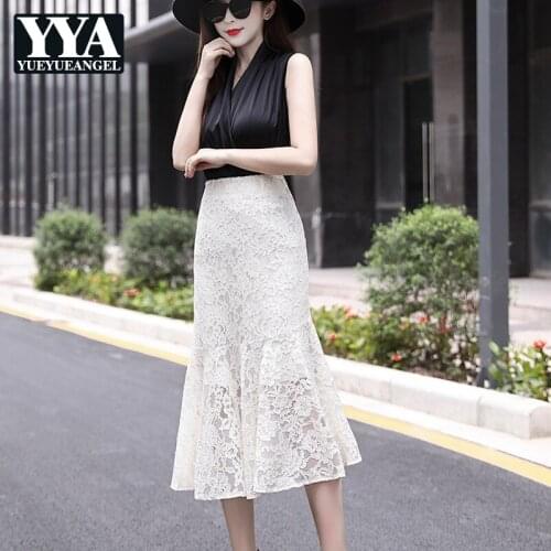 New Womens Lace Casual Skirt Office Lady Ruffle Zipper Mid-Calf High Waist Skirt Korean Style Fashion Elegant A-Line Skirt