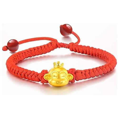 New 999 24k Yellow Gold 3D Crown Monkey Red String Weave Bracelet
