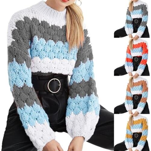 Autumn and Winter Wave stripe Knitted Feather Hollow O-neck Long-sleeved Sweater Women Spell Splicing Casual Knitted Sweater