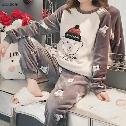 LEGG New Autumn Winter Warm Flannel Women Pyjamas Set Thick Long Sleeve Cartoon Soft Sleepwear Flannel Pajamas Set For Women